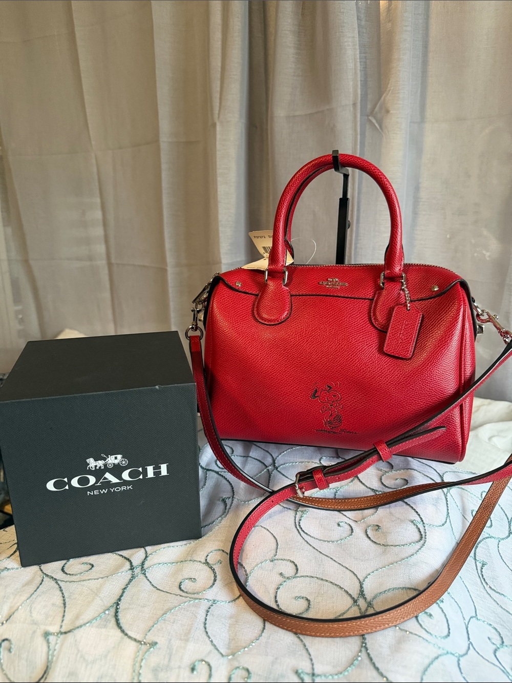 COACH Peanuts X Red Pebbled Bennet Satchel with Removable Strap